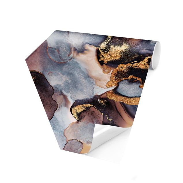 Hexagon Mustertapete selbstklebend - Marmor Aquarell mit Gold