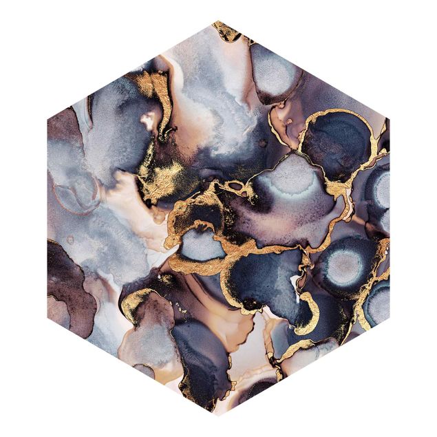 Hexagon Mustertapete selbstklebend - Marmor Aquarell mit Gold