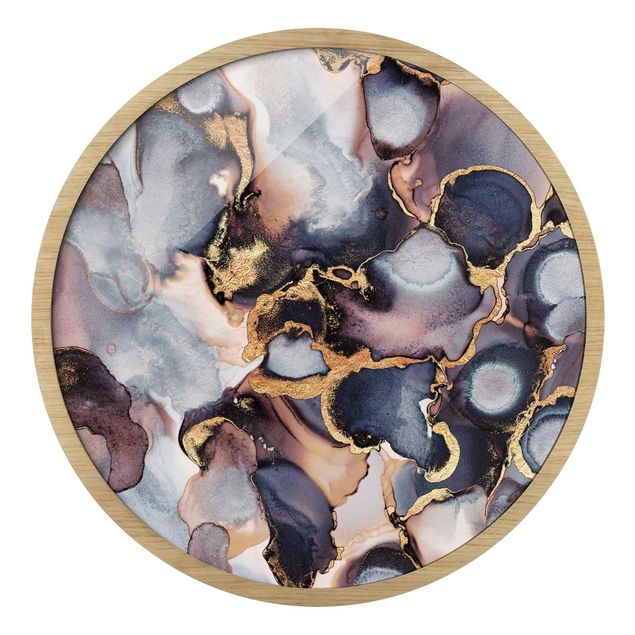 Rundes Gerahmtes Bild - Marmor Aquarell mit Gold