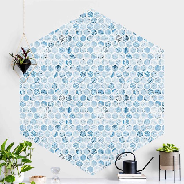 Hexagon Fototapete selbstklebend - Marmor Hexagone Blaue Schattierungen