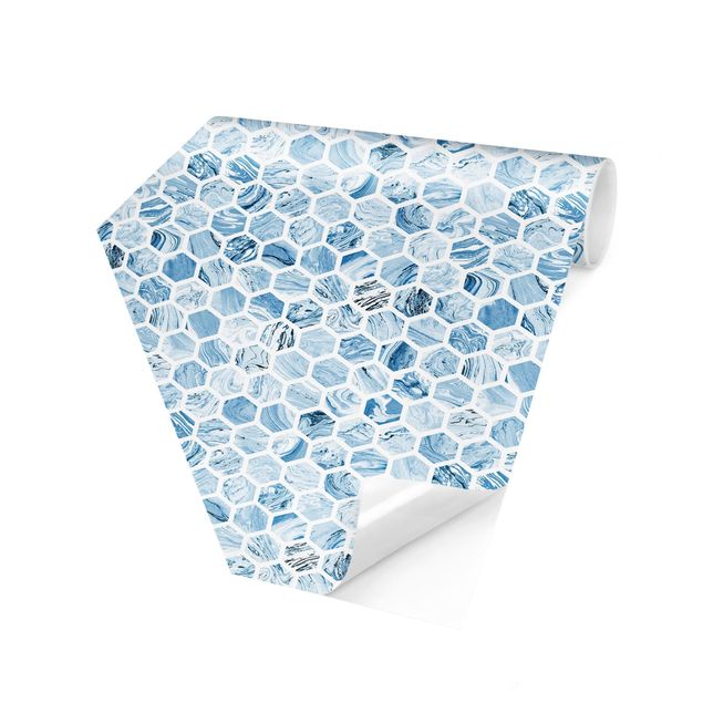 Hexagon Fototapete selbstklebend - Marmor Hexagone Blaue Schattierungen