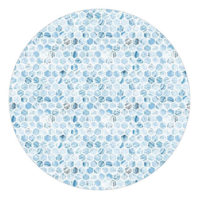 Runde Tapete selbstklebend - Marmor Hexagone Blaue Schattierungen