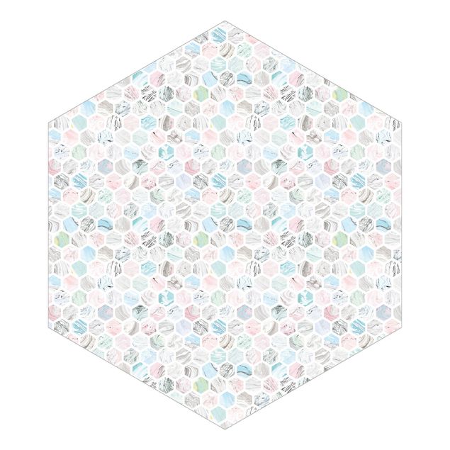 Hexagon Fototapete selbstklebend - Marmor Hexagone Rose und Meerblau