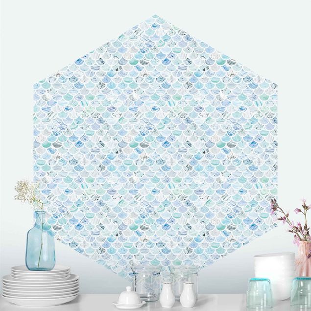 Hexagon Fototapete selbstklebend - Marmor Muster Meerblau