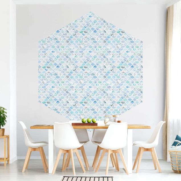Hexagon Fototapete selbstklebend - Marmor Muster Meerblau