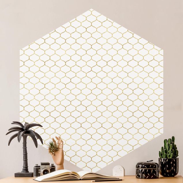Hexagon Mustertapete selbstklebend - Marokkanisches Aquarell Linienmuster Gold