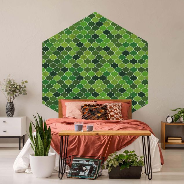 Hexagon Mustertapete selbstklebend - Marokkanisches Aquarell Muster Grün