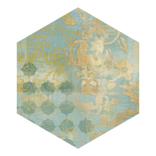 Hexagon Mustertapete selbstklebend - Marokkanische Collage in Gold und Türkis II