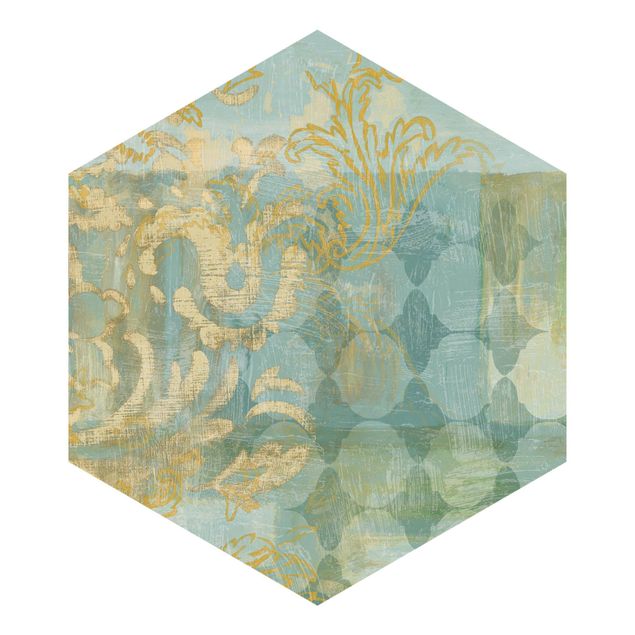Hexagon Mustertapete selbstklebend - Marokkanische Collage in Gold und Türkis