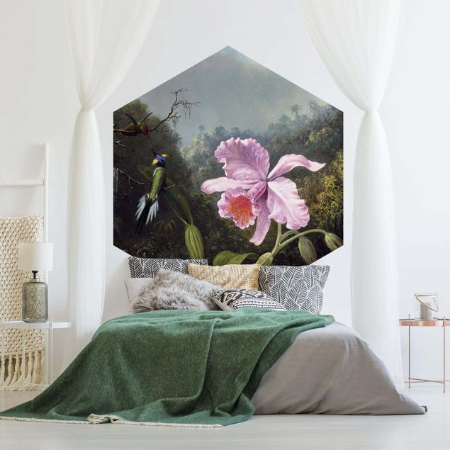 Hexagon Mustertapete selbstklebend - Martin Johnson Heade - Stillleben mit Orchidee und zwei Kolibris