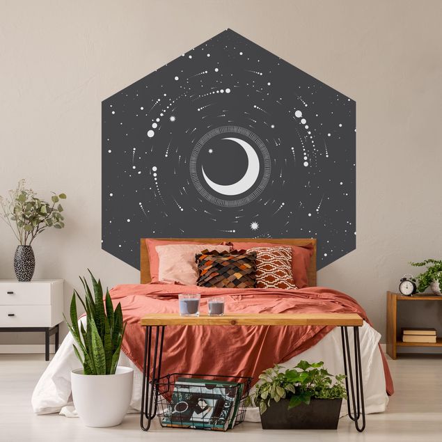 Hexagon Mustertapete selbstklebend - Mond im Sternenkreis