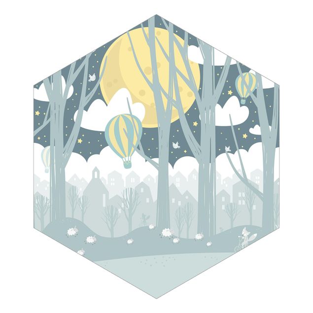 Hexagon Mustertapete selbstklebend - Mond mit Bäumen und Häusern
