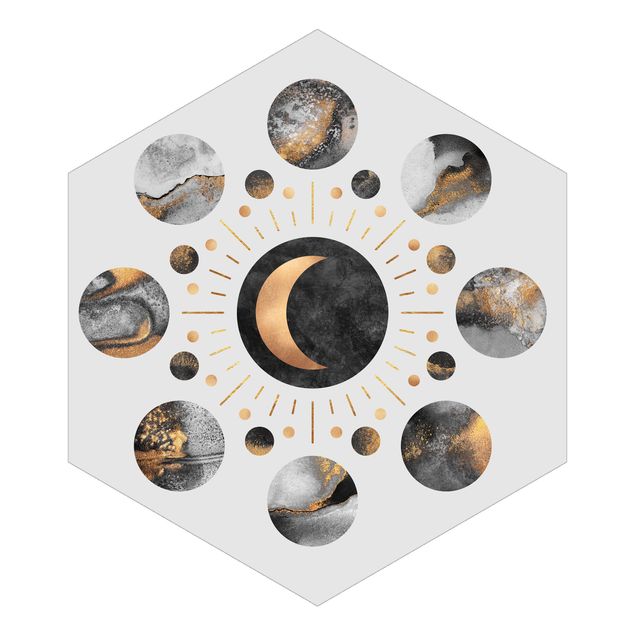 Hexagon Mustertapete selbstklebend - Mondphasen Abstrakt Gold