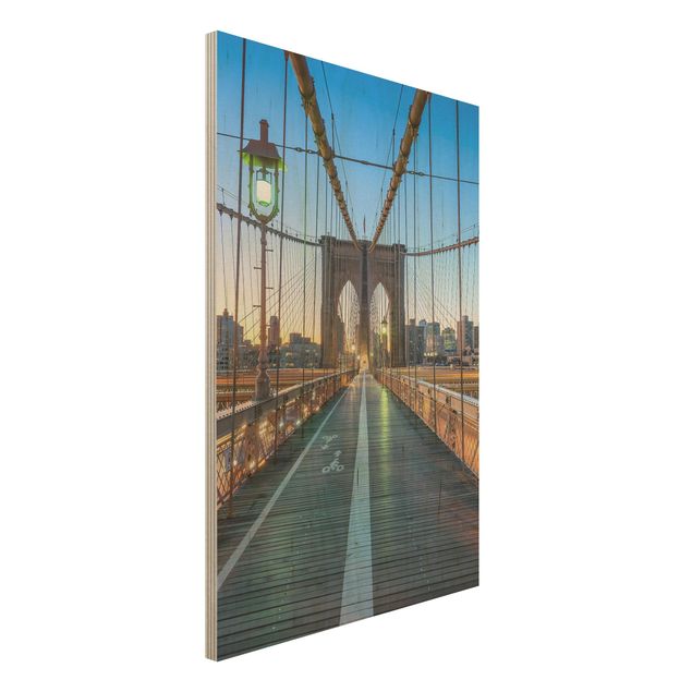 Holzbild - Morgenblick von der Brooklyn Bridge - Hochformat