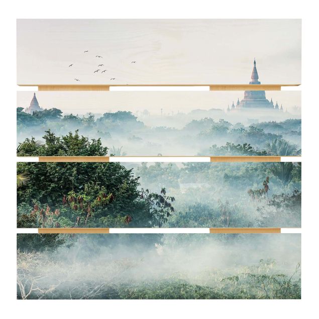 Holzbild - Morgennebel über dem Dschungel von Bagan - Quadrat