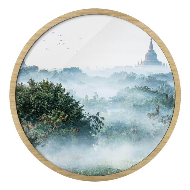 Rundes Gerahmtes Bild - Morgennebel über dem Dschungel von Bagan