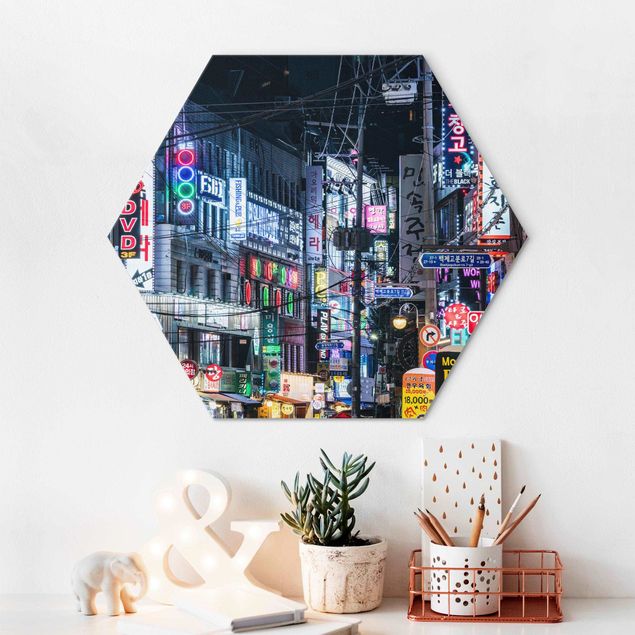 Hexagon Bild Alu-Dibond - Nachtleben von Seoul