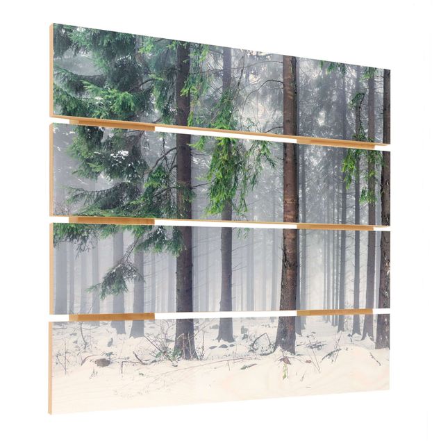 Holzbild - Nadelbäume im Winter - Quadrat