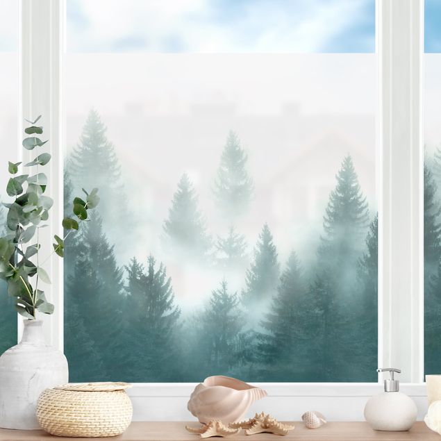 Fensterfolie - Sichtschutz - Nadelwald im Nebel - Fensterbilder