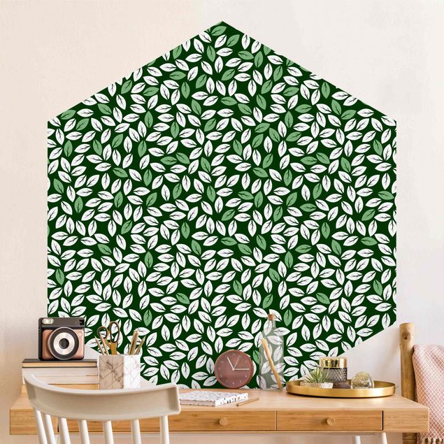 Hexagon Mustertapete selbstklebend - Natürliches Muster Blätterregen in Grün