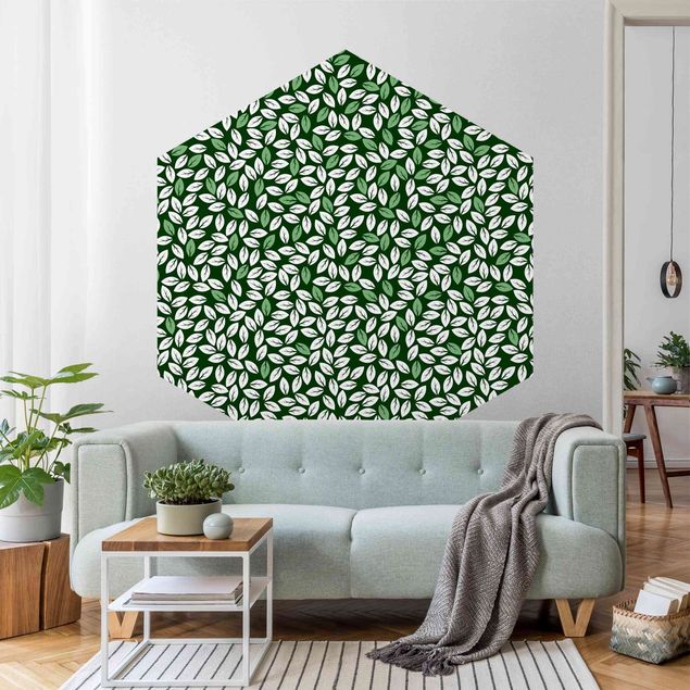 Hexagon Mustertapete selbstklebend - Natürliches Muster Blätterregen in Grün