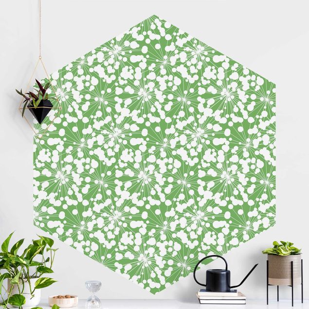 Hexagon Mustertapete selbstklebend - Natürliches Muster Pusteblume mit Punkten vor Grün