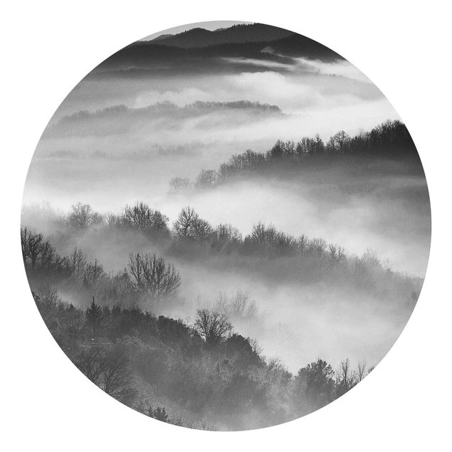 Runde Tapete selbstklebend - Nebel bei Sonnenuntergang Schwarz Weiß