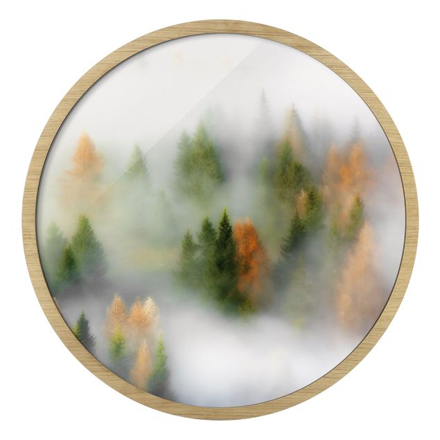 Rundes Gerahmtes Bild - Nebelwald im Herbst