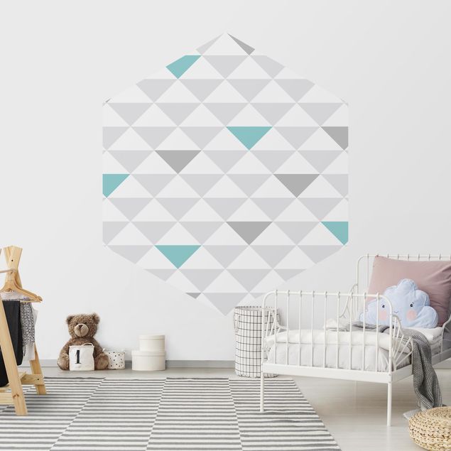 Hexagon Mustertapete selbstklebend - No.YK64 Dreiecke Grau Weiß Türkis