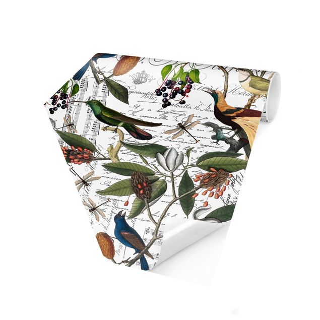 Hexagon Mustertapete selbstklebend - Nostalgischer Beerenblues mit Paradiesvögeln