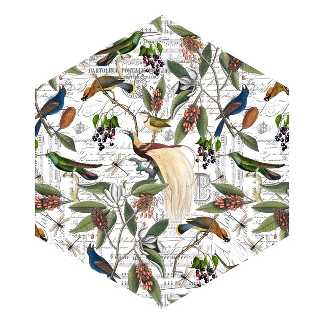 Hexagon Mustertapete selbstklebend - Nostalgischer Beerenblues mit Paradiesvögeln