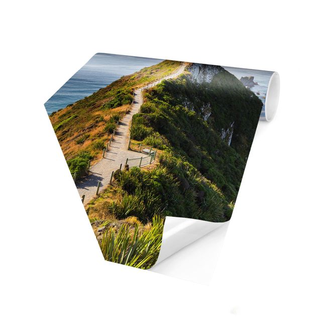 Hexagon Mustertapete selbstklebend - Nugget Point Leuchtturm und Meer Neuseeland