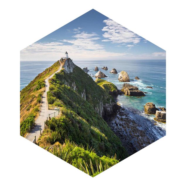 Hexagon Mustertapete selbstklebend - Nugget Point Leuchtturm und Meer Neuseeland