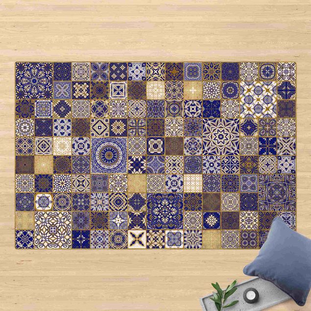 Teppich Fliesenoptik Orientalische Fliesen Blau mit Goldschimmer