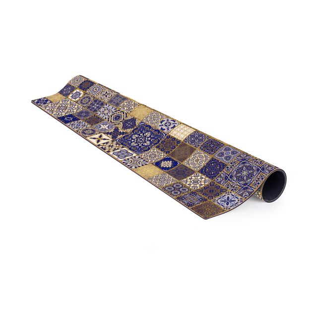 Kleine Teppiche Orientalische Fliesen Blau mit Goldschimmer