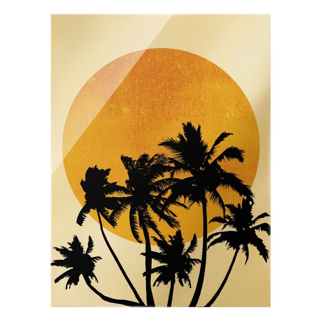 Glasbild - Palmen vor goldener Sonne - Hochformat 3:4