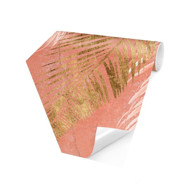 Hexagon Mustertapete selbstklebend - Palmenblätter Rosa und Gold I