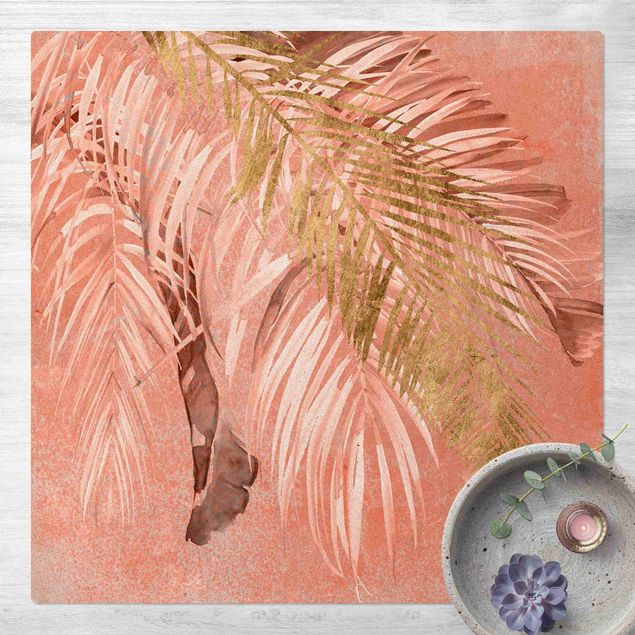 Teppich Dschungel Palmenblätter Rosa und Gold II