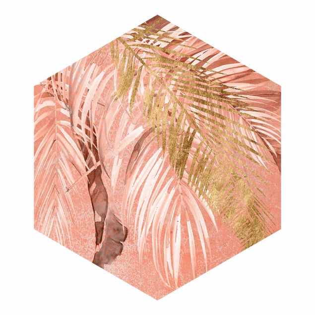 Hexagon Mustertapete selbstklebend - Palmenblätter Rosa und Gold II