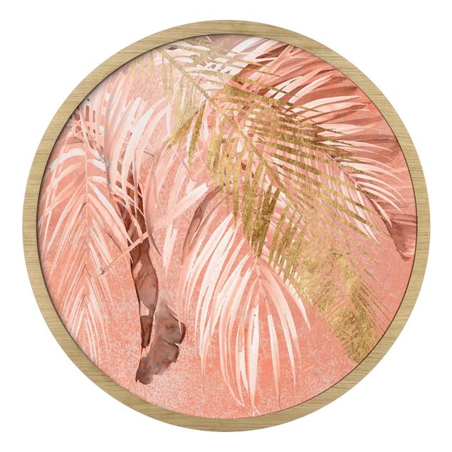 Rundes Gerahmtes Bild - Palmenblätter Rosa und Gold II
