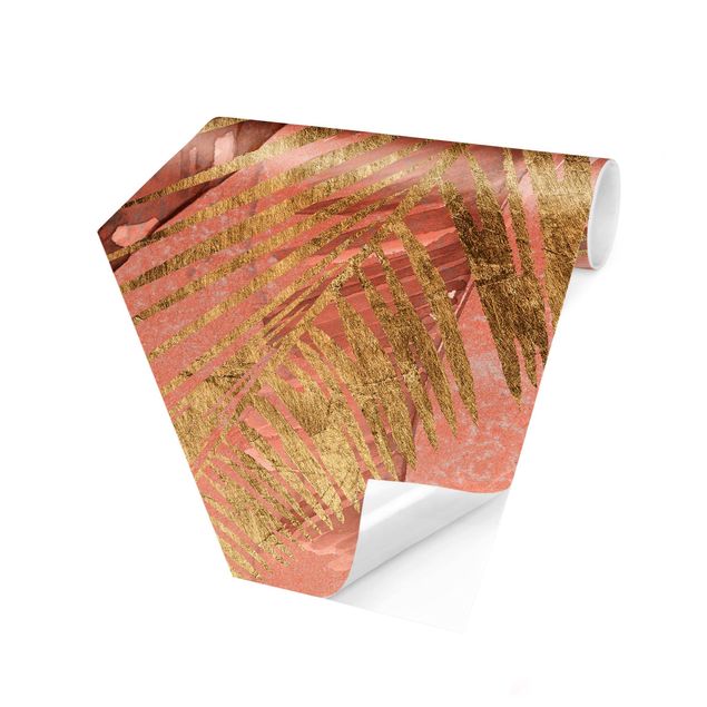 Hexagon Mustertapete selbstklebend - Palmenblätter Rosa und Gold III