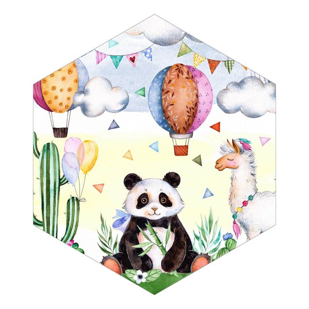 Hexagon Mustertapete selbstklebend - Panda und Lama Aquarell