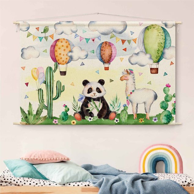 Wandbehang Stoffbild Panda und Lama Aquarell