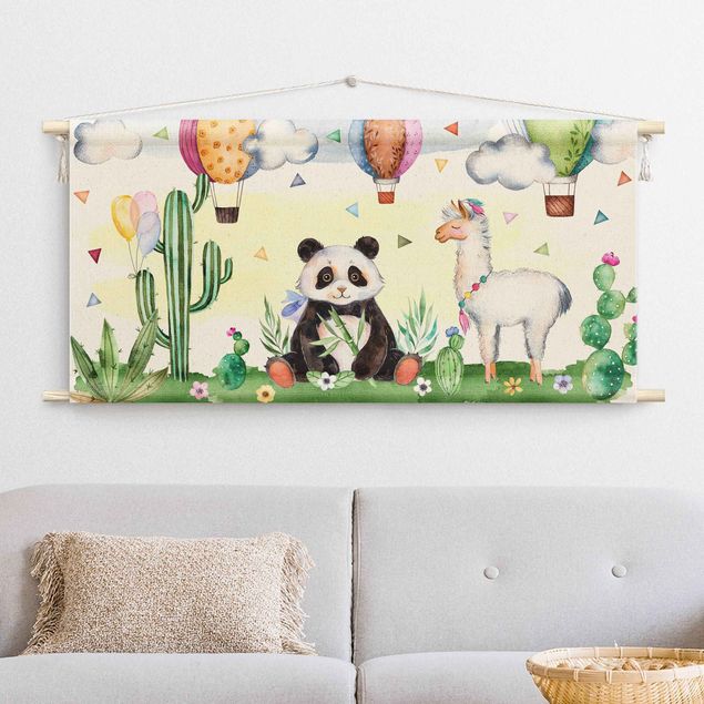 Wandbehang Tuch Panda und Lama Aquarell