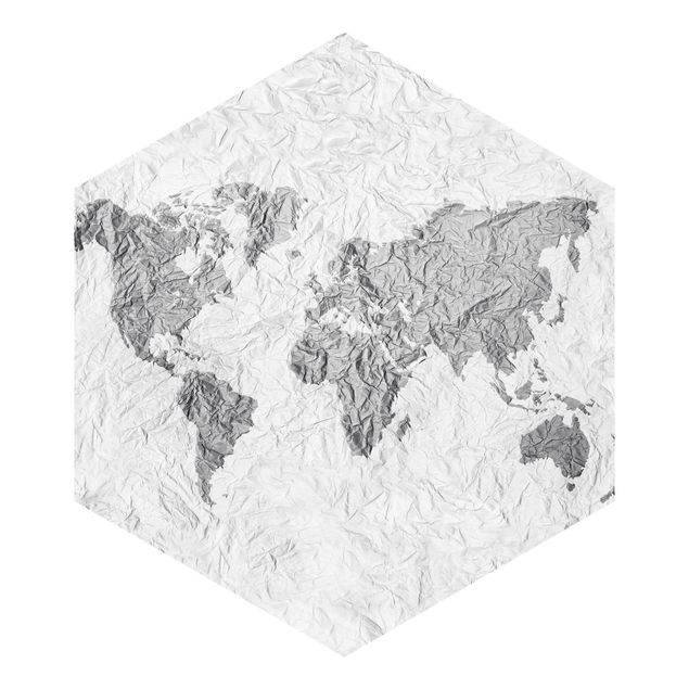 Hexagon Mustertapete selbstklebend - Papier Weltkarte Weiß Grau