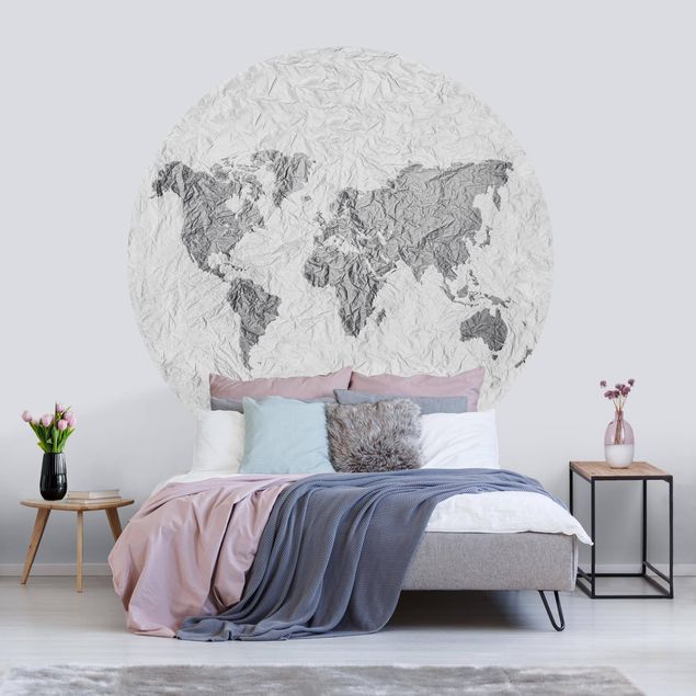 Runde Tapete selbstklebend - Papier Weltkarte Weiß Grau
