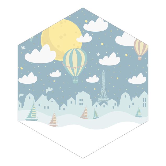 Hexagon Mustertapete selbstklebend - Paris mit Sternen und Heißluftballon