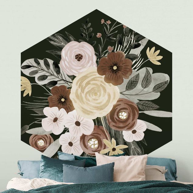 Hexagon Mustertapete selbstklebend - Pastell Blumenbouquet vor Grün I