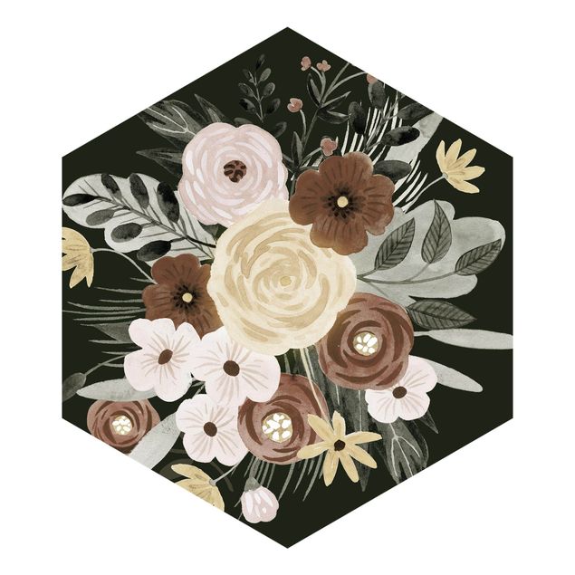 Hexagon Mustertapete selbstklebend - Pastell Blumenbouquet vor Grün I
