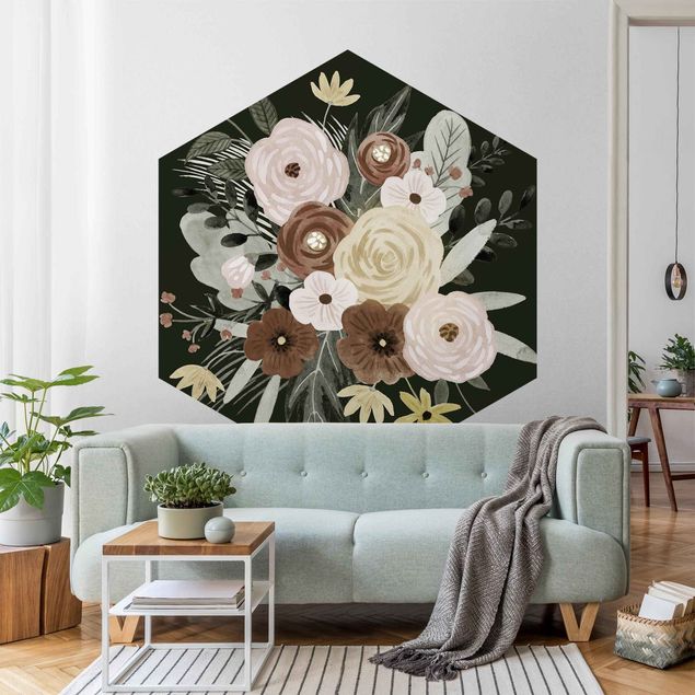 Hexagon Mustertapete selbstklebend - Pastell Blumenbouquet vor Grün II
